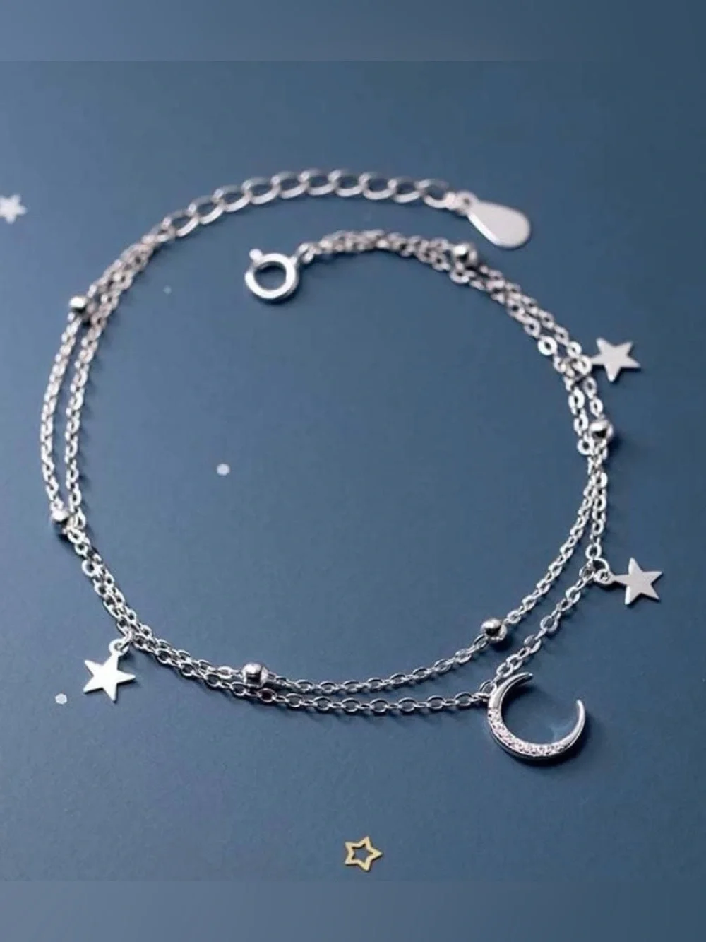 Celestial Double Chain Charm Bracelet | 925 Sterling Silver | Sz 6 3/8 + 1 5/8”